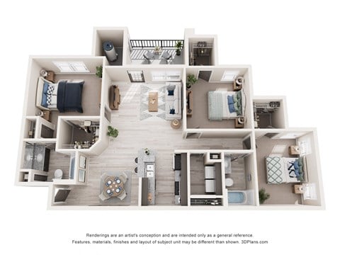 Floor plan for 3 beds, 2 baths, 1303 sqft
